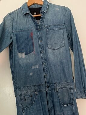 G STAR RAW Denim Utility Jumpsuit in Faded Blue with hand stitching